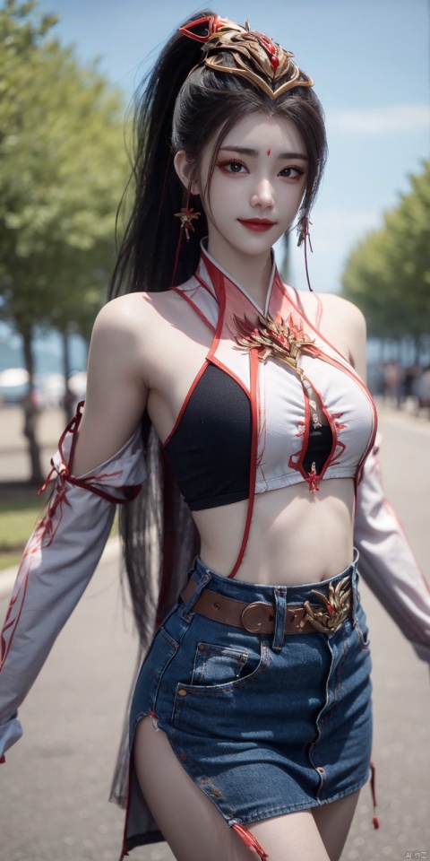  best quality, masterpiece, cowboy_shot,(Good structure), DSLR Quality,Depth of field,kind smile,looking_at_viewer,Dynamic pose,
 1girl, 3d, bare_shoulders, belt, blurry, blurry_background, blurry_foreground, branch, , , collarbone, cosplay_photo, denim, denim_skirt, depth_of_field, lips, long_hair, looking_at_viewer, midriff, miniskirt, motion_blur, navel, outdoors, photo_\(medium\), realistic, skirt, solo, standing, tree, , , jiujiu
