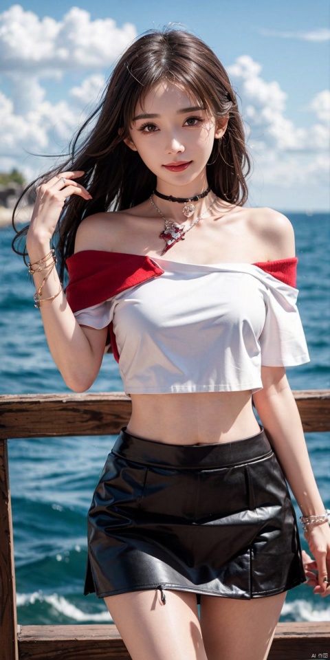 (Good structure), DSLR Quality,Depth of field ,looking_at_viewer,Dynamic pose, , kind smile,
,Short skirt,Blue sky, white clouds, ocean, nai3, 1girl, solo, crop top, , choker, navel, shirt, midriff, crop top overhang, looking at viewer, white shirt, jewelry, breasts, bare shoulders, off-shoulder shirt, off shoulder, black choker, thighs, stomach, long hair, bracelet, short sleeves, ribbon, hand up, collarbone, hair ribbon, medium breasts, , bra strap, , hair ornament, thigh gap, necklace, expressionless, , ,, , mimi, linzhiling