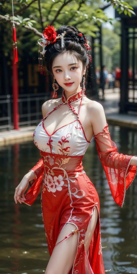  best quality, masterpiece, cowboy_shot,(Good structure), DSLR Quality,Depth of field,kind smile,looking_at_viewer,Dynamic pose, 
, ultra high res,1girl, gigantic_breasts, looking at viewer,(see-through dress),bare shoulders,dress,qi pao,ancient Chinese street ,Chinese dress,, yosshi film, standing, one girls, chinese_clothes, Chinese costume, street, smiling, holding_wood_box , ganyu (genshin impact), 1girl, jujingyi, drakan_longdress_dragon crown_headdress, wunv, zhulin