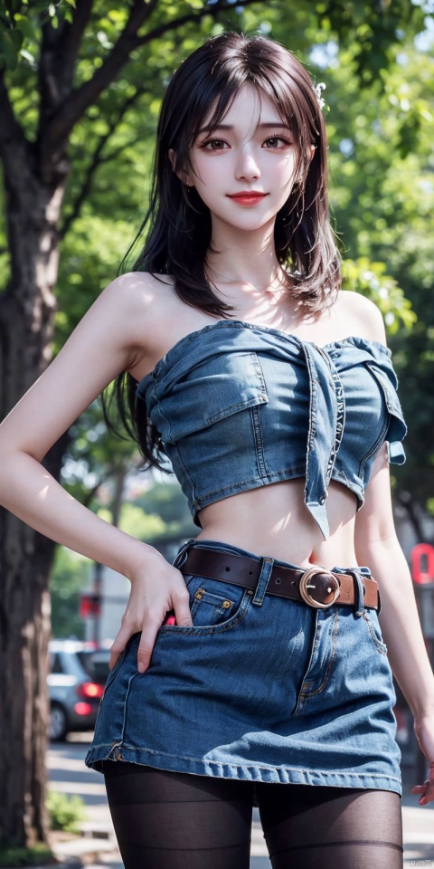  best quality, masterpiece, cowboy_shot,(Good structure), DSLR Quality,Depth of field,kind smile,looking_at_viewer,Dynamic pose,
 1girl, 3d, bare_shoulders, belt, blurry, blurry_background, blurry_foreground, branch, , , , collarbone, cosplay_photo, denim, denim_skirt, depth_of_field, , lips, long_hair, looking_at_viewer, midriff, miniskirt, motion_blur, navel, outdoors, photo_\(medium\), realistic, skirt, solo, standing, tree, , , , xuxin, blackpantyhose