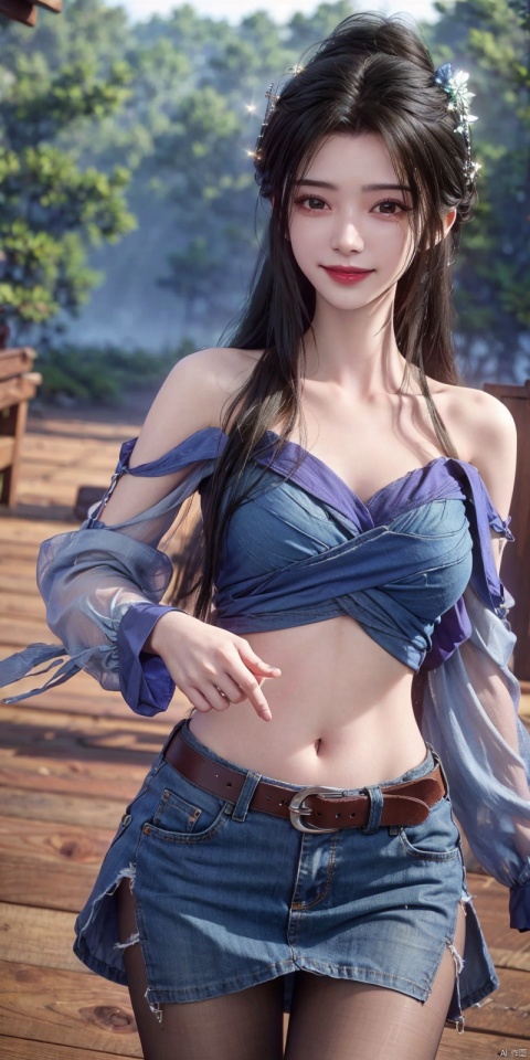  best quality, masterpiece, cowboy_shot,(Good structure), DSLR Quality,Depth of field,kind smile,looking_at_viewer,Dynamic pose,
 1girl, 3d, bare_shoulders, belt, blurry, blurry_background, blurry_foreground, branch, , , , collarbone, cosplay_photo, denim, denim_skirt, depth_of_field, , lips, long_hair, looking_at_viewer, midriff, miniskirt, motion_blur, navel, outdoors, photo_\(medium\), realistic, skirt, solo, standing, tree, , , , limuwan, blackpantyhose