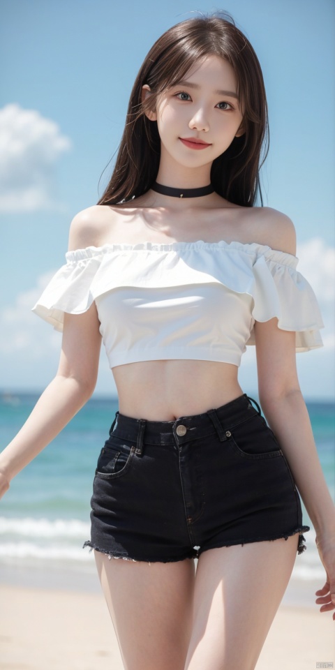(Good structure), DSLR Quality,Depth of field,kind smile,looking_at_viewer,Dynamic pose,,
, Blue sky, white clouds, ocean,nai3, 1girl, shorts, solo, crop top, black shorts, choker, navel, shirt, midriff, crop top overhang, looking at viewer, white shirt, jewelry, breasts, bare shoulders, short shorts, off-shoulder shirt, off shoulder, black choker, thighs, stomach, hand on own thigh, long hair, bracelet, short sleeves, ribbon, hand up, collarbone, hair ribbon, medium breasts, standing, high-waist shorts, dolphin shorts, bra strap, , hair ornament, thigh gap, necklace, expressionless, ,  , , ,linyuner