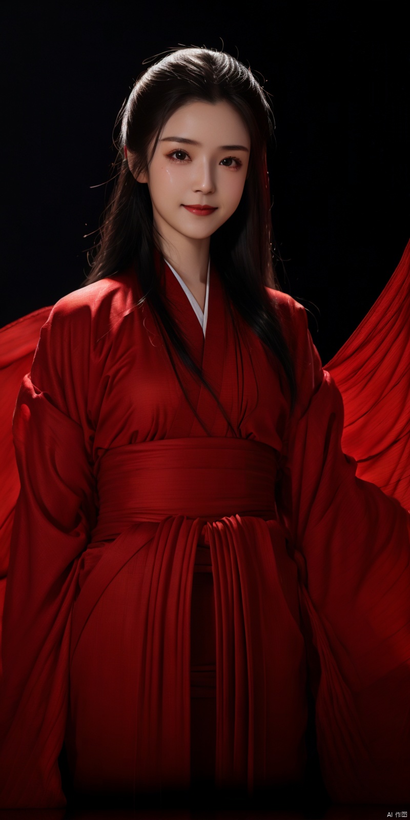  cowboy_shot, (Good structure), DSLR Quality,Depth of field ,looking_at_viewer,Dynamic pose, , kind smile,,
High detailed, masterpiece, A girl,  , solo, female focus：1.35, Tears in the eyes, [Shed tears], widow's peak, Long hair drifting away：1.5, Red, Hanfu|kimono）, /, Suspended red silk：1.35, BREAK, fine gloss,  , Oil painting texture, (Black Background: 1.3), bow-shaped hair,  , ray tracing, reflection light, anaglyph, motion blur, cinematic lighting, motion lines, Depth of field, ray tracing, sparkle, vignetting, UHD, 8K, best quality, textured skin, 1080P, ccurate, 1girl, hanikezi