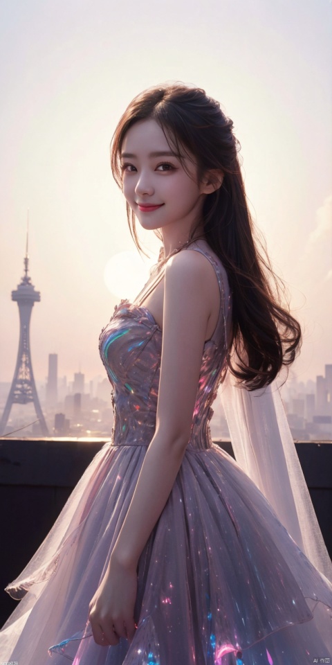 best quality, masterpiece, realistic,cowboy_shot,(Good structure), DSLR Quality,Depth of field,kind smile,looking_at_viewer,Dynamic pose, 
,neonpunk style Neon noir leogirl,hANMEIMEI,realistic photography,,On the rooftop of a towering skyscraper,a girl stands,facing the camera directly. Behind her,a multitude of skyscrapers stretches into the distance,creating a breathtaking urban panorama. It's the perfect dusk moment,with the evening sun casting a warm glow on the girl's face,intensifying the scene's impact. The photo captures a sense of awe,with the sharpness and realism making every detail vivid and clear,Hair fluttered in the wind,long hair,halterneck, . cyberpunk, vaporwave, neon, vibes, vibrant, stunningly beautiful, crisp, detailed, sleek, ultramodern, magenta highlights, dark purple shadows, high contrast, cinematic, ultra detailed, intricate, professional, , Light master,, , , ,,  , 1girl,kind smile, ,  xuancaiqun, , lianmo