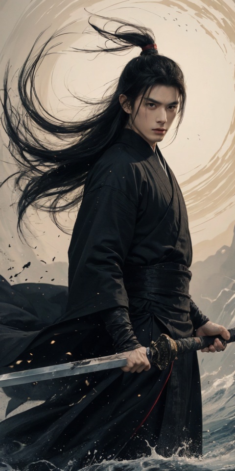  sdmai, wuxia, Chinese ink painting, artistic ink painting, Chinese martial arts films, wearing black robes, fighting posture, cinematic grandeur, splashing details, wild and powerful, solo, weapon, black hair, sword, long hair, male focus, looking at viewer, (1boy), scar, asuo