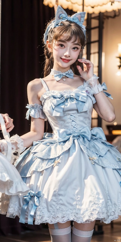  (Good structure), DSLR Quality,Depth of field,kind smile,looking_at_viewer,Dynamic pose, ,(wariza),,Girl, bare shoulders, , boobs, bow tie, ,purple eyes, cat ears, collar, ((Lolita Dress: 1.4)) , blue and white Lolita dress, wrinkled leg outfit, hand-held, lips, nose, shoulders, , alone, long_hair, kind smile, looking at the audience, white leg costume, wrist cuffs, 1girl,,looking_at_viewer, , lolidress , , , heben