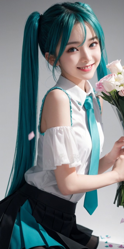 best quality, masterpiece, realistic,cowboy_shot,(Good structure), DSLR Quality,Depth of field,kind smile,looking_at_viewer,Dynamic pose, 
1girl, hatsune miku, solo, best quality, gradient background, blurry background, cowboy shot, looking at viewer, lying, falling petals, holding bouquet, smile, happy,  , hair between eyes, aqua eyes, blue eyes,  , very long hair, floating hair, aqua hair, blue hair, curly hair, twintails, bangs, black skirt, pleated skirt, sleeveless shirt, grey shirt, collared shirt, thighhighs, white shirt, detached sleeves, bare shoulders, black sleeves, aqua necktie, flower, confetti, depth of field, shadow, blurry foreground, shaded face, 
