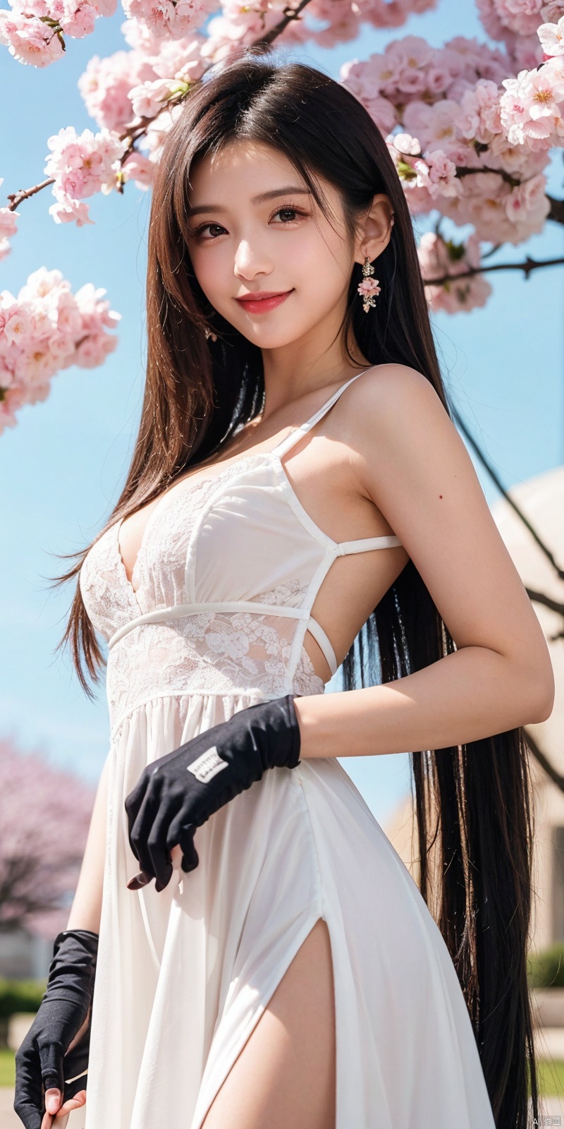  best quality, masterpiece, realistic,cowboy_shot,(Good structure), DSLR Quality,Depth of field,kind smile,looking_at_viewer,Dynamic pose, 
1girl, solo, long hair, breasts, looking at viewer, blush, bangs, blue eyes, hair ornament, gloves, dress, hair between eyes, medium breasts, very long hair, standing, weapon, flower,, , outdoors,  sky, day, pointy ears, black gloves, cloud, hair flower, white dress, armor, two-tone hair, blue sky, petals, , cherry blossoms, pink flower,  , tifa