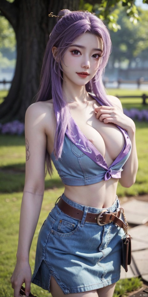  best quality, masterpiece, cowboy_shot,(Good structure), DSLR Quality,Depth of field,kind smile,looking_at_viewer,Dynamic pose,
 1girl, 3d, bare_shoulders, belt, blurry, blurry_background, blurry_foreground, branch, breasts, brown_eyes, brown_hair, collarbone, cosplay_photo, denim, denim_skirt, depth_of_field, hand_on_own_chest, lips, long_hair, looking_at_viewer, midriff, miniskirt, motion_blur, navel, outdoors, photo_\(medium\), realistic, skirt, solo, standing, tree, , yunxiao,purple_hair