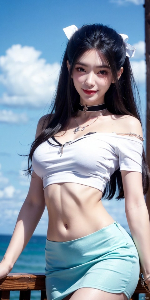  cowboy_shot,(Good structure), DSLR Quality,Short skirt,Blue sky, white clouds, ocean, , nai3, 1girl, solo, crop top, , choker, navel, shirt, midriff, crop top overhang, looking at viewer, white shirt, jewelry, breasts, bare shoulders, off-shoulder shirt, off shoulder, black choker, thighs, stomach, long hair, bracelet, short sleeves, ribbon, hand up, collarbone, hair ribbon, medium breasts, , bra strap, , hair ornament, thigh gap, necklace, expressionless, , ,kind smile, , , yanlingji