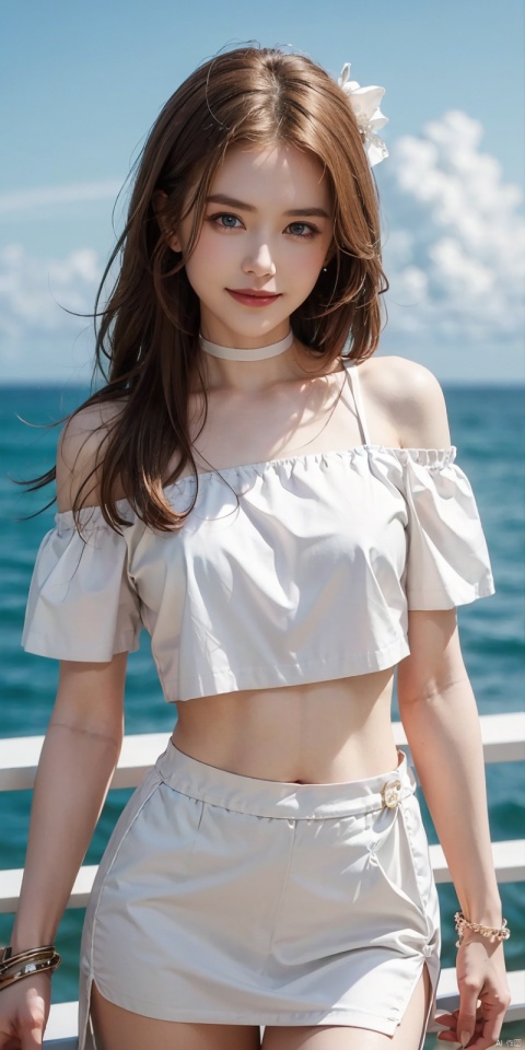  best quality, masterpiece, cowboy_shot,(Good structure), DSLR Quality,Depth of field,kind smile,looking_at_viewer,Dynamic pose, 
,Short skirt,Blue sky, white clouds, ocean, nai3, 1girl, solo, crop top, , choker, navel, shirt, midriff, crop top overhang, looking at viewer, white shirt, jewelry, breasts, bare shoulders, off-shoulder shirt, off shoulder, black choker, thighs, stomach, long hair, bracelet, short sleeves, ribbon, hand up, collarbone, hair ribbon, medium breasts, , bra strap, , hair ornament, thigh gap, necklace, expressionless, ,, ,, , nike,blue eyes
