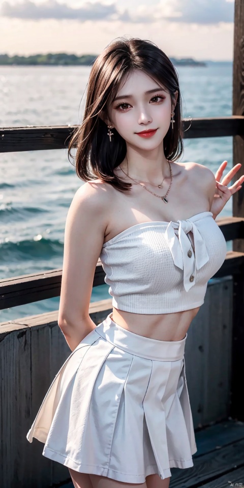  (Good structure),cowboy_shot, DSLR Quality,Depth of field ,looking_at_viewer,Dynamic pose, , kind smile,,
1girl, solo, long hair, , looking at viewer, skirt, hair ornament, bare shoulders, jewelry, , black hair, earrings, outdoors, midriff, water, necklace, lips, crop top, grey eyes, leaning forward, ocean, white skirt, strapless vest, sunset, sun, , , xuxin