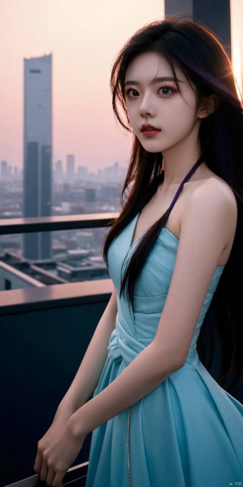  neonpunk style Neon noir leogirl,hANMEIMEI,realistic photography,,On the rooftop of a towering skyscraper,a girl stands,facing the camera directly. Behind her,a multitude of skyscrapers stretches into the distance,creating a breathtaking urban panorama. It's the perfect dusk moment,with the evening sun casting a warm glow on the girl's face,intensifying the scene's impact. The photo captures a sense of awe,with the sharpness and realism making every detail vivid and clear,Hair fluttered in the wind,long hair,halterneck, . cyberpunk, vaporwave, neon, vibes, vibrant, stunningly beautiful, crisp, detailed, sleek, ultramodern, magenta highlights, dark purple shadows, high contrast, cinematic, ultra detailed, intricate, professional, ((poakl)), Light master,, , jinmai, blue dress