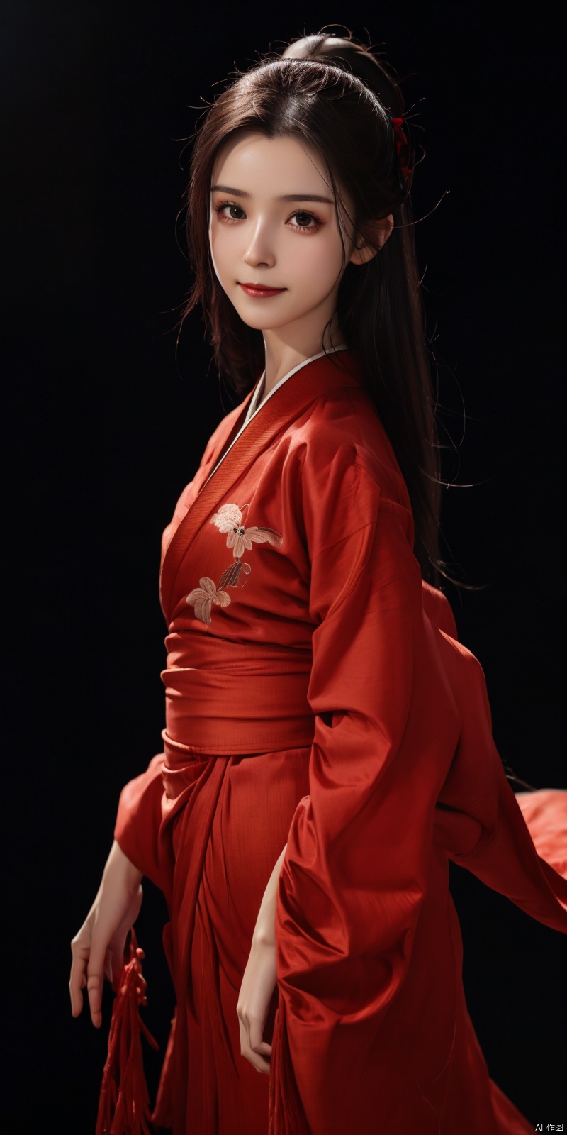  cowboy_shot, (Good structure), DSLR Quality,Depth of field ,looking_at_viewer,Dynamic pose, , kind smile,,
High detailed, masterpiece, A girl,  , solo, female focus：1.35, Tears in the eyes, [Shed tears], widow's peak, Long hair drifting away：1.5, Red, Hanfu|kimono）, /, Suspended red silk：1.35, BREAK, fine gloss,  , Oil painting texture, (Black Background: 1.3), bow-shaped hair,  , ray tracing, reflection light, anaglyph, motion blur, cinematic lighting, motion lines, Depth of field, ray tracing, sparkle, vignetting, UHD, 8K, best quality, textured skin, 1080P, ccurate, 1girl, hanikezi