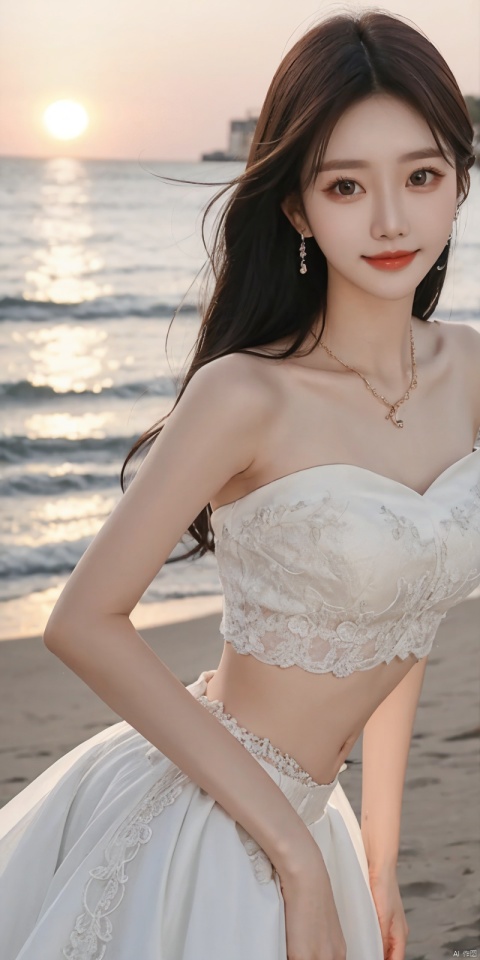  best quality, masterpiece, realistic,cowboy_shot,(Good structure), DSLR Quality,Depth of field,kind smile,looking_at_viewer,Dynamic pose, 
1girl, solo, long hair, , looking at viewer, skirt, hair ornament, bare shoulders, jewelry, , black hair, earrings, outdoors, midriff, water, necklace, lips, crop top, grey eyes, leaning forward, ocean, white skirt, strapless vest, sunset, sun, , , , weddingdress, , , sunyunzhu