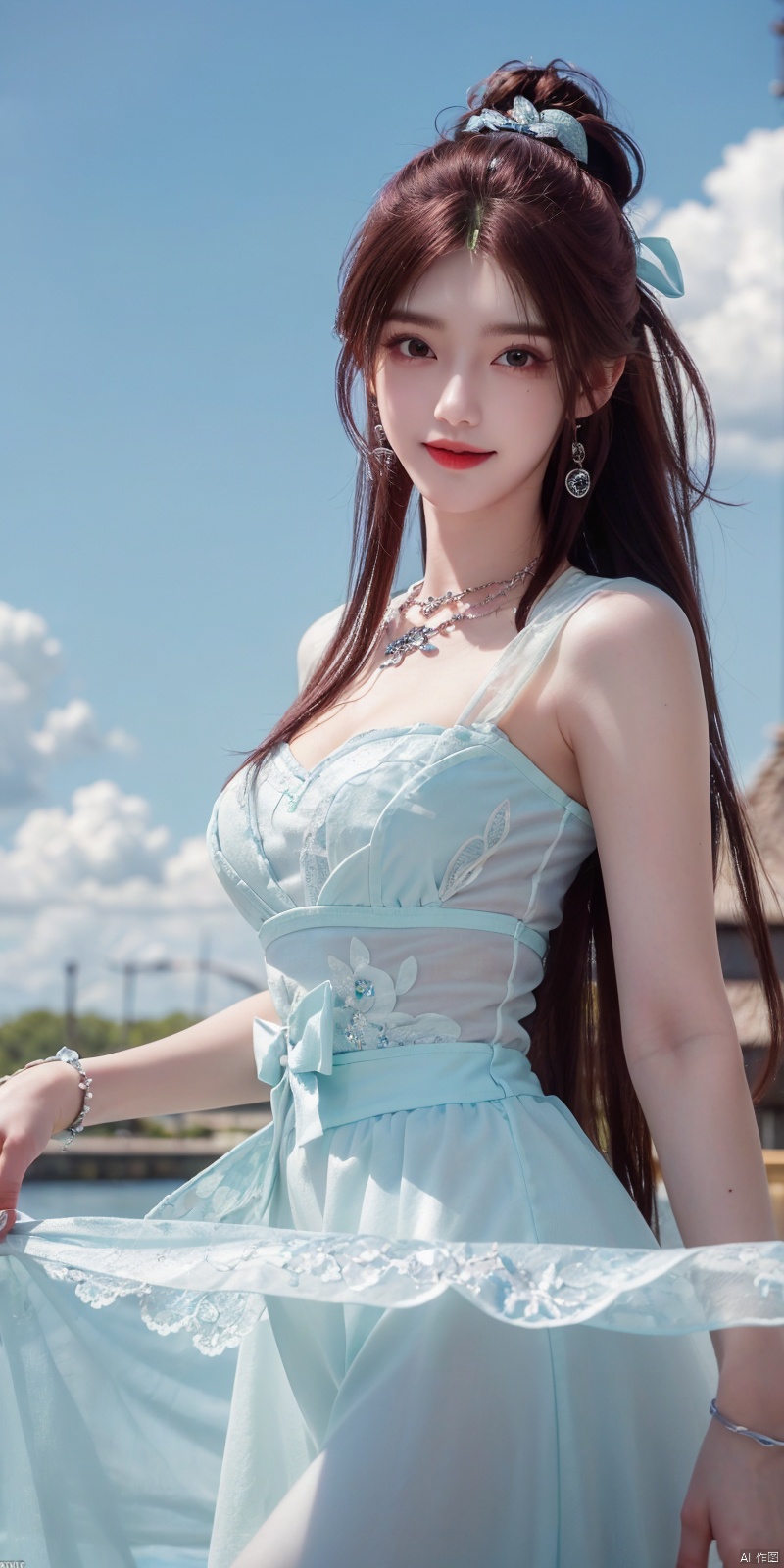  best quality, masterpiece, realistic, ,(Good structure), DSLR Quality,Depth of field,kind smile,looking_at_viewer,Dynamic pose, 
1girl, solo, long hair, breasts, looking at viewer, blush, , bangs, blue eyes,, dress, bow, , bare shoulders, jewelry, very long hair, collarbone, ponytail, white hair, hair bow, thighs, outdoors, sky, sleeveless, day, cloud, water, necklace, white dress, hair over one eye, bracelet, blue sky, blue bow, wading, pendant, doll, skirt hold, rainbow, anastasia \(fate\),
 , yeqinxian