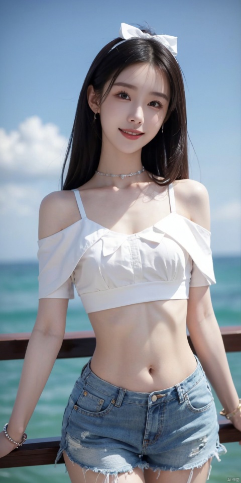  cowboy_shot,(Good structure), DSLR Quality,Short skirt,Blue sky, white clouds, ocean, nai3, 1girl, solo, crop top, , choker, navel, shirt, midriff, crop top overhang, looking at viewer, white shirt, jewelry, breasts, bare shoulders, off-shoulder shirt, off shoulder, black choker, thighs, stomach, long hair, bracelet, short sleeves, ribbon, hand up, collarbone, hair ribbon, medium breasts, , bra strap, , hair ornament, thigh gap, necklace, expressionless, , ,kind smile, , duling