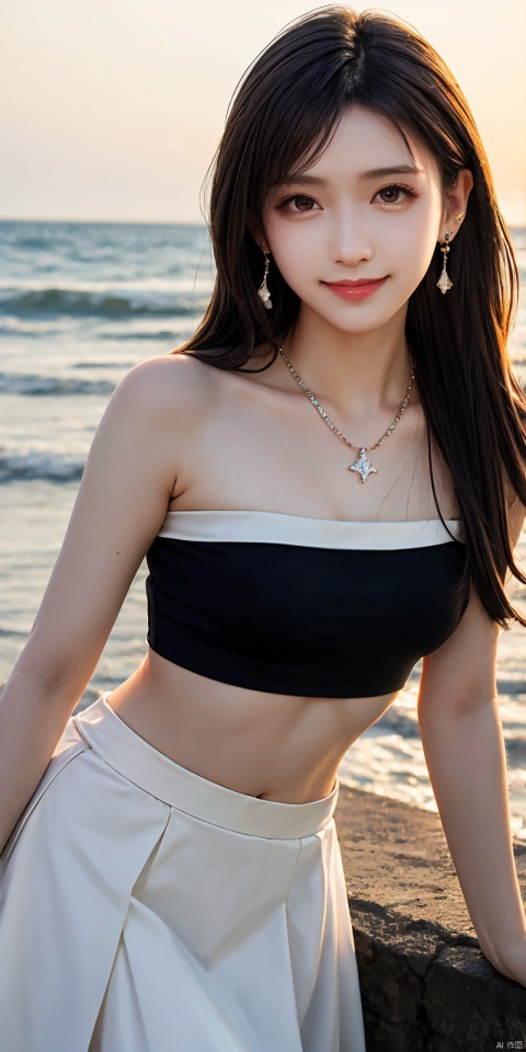  best quality, masterpiece, realistic,cowboy_shot,(Good structure), DSLR Quality,Depth of field,kind smile,looking_at_viewer,Dynamic pose, 
1girl, solo, long hair, , looking at viewer, skirt, hair ornament, bare shoulders, jewelry, , black hair, earrings, outdoors, midriff, water, necklace, lips, crop top, grey eyes, leaning forward, ocean, white skirt, strapless vest, sunset, sun, , , ,  tifa