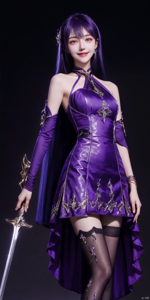 best quality, masterpiece, realistic,full_body,(Good structure), DSLR Quality,Depth of field,kind smile,looking_at_viewer,Dynamic pose, 
 Cowboy lens, (good structure), SLR quality, depth of field, friendly smile, looking at viewer, dynamic posture, 1 girl asymmetrical sleeves, purple hair, long hair, solo, dress, hair accessories, weapons, purple dress, bare legs, short sword, cowboy lens,
Movies, natural light, solo, 1Girl, wind,  , standing, outdoor, flowing hair, friendly smile, photography posture, dynamic posture, looking at the audience, excellent skin texture, deep gaze, cheerful atmosphere, eye-catching resin jewelry style, matte photos, minimalist beauty, meticulous line accuracy, high resolution, 8K, flower language, 1Girr, thighhighs, high heels, BY MOONCRYPTOWOW, Detail, black pantyhose, ,shengcaier, blackpantyhose,print legwear,argyle legwear