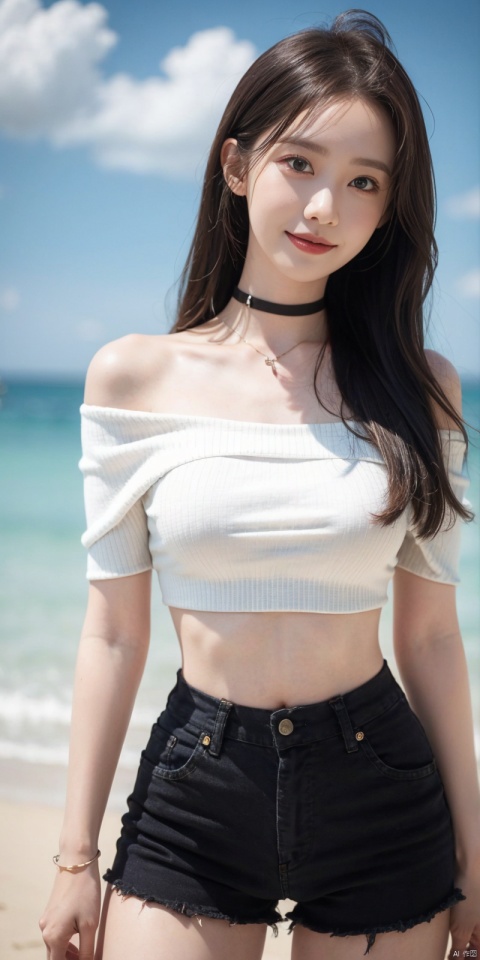 (Good structure), DSLR Quality,Depth of field,kind smile,looking_at_viewer,Dynamic pose,,
, Blue sky, white clouds, ocean,nai3, 1girl, shorts, solo, crop top, black shorts, choker, navel, shirt, midriff, crop top overhang, looking at viewer, white shirt, jewelry, breasts, bare shoulders, short shorts, off-shoulder shirt, off shoulder, black choker, thighs, stomach, hand on own thigh, long hair, bracelet, short sleeves, ribbon, hand up, collarbone, hair ribbon, medium breasts, standing, high-waist shorts, dolphin shorts, bra strap, , hair ornament, thigh gap, necklace, expressionless, ,  , , ,linyuner