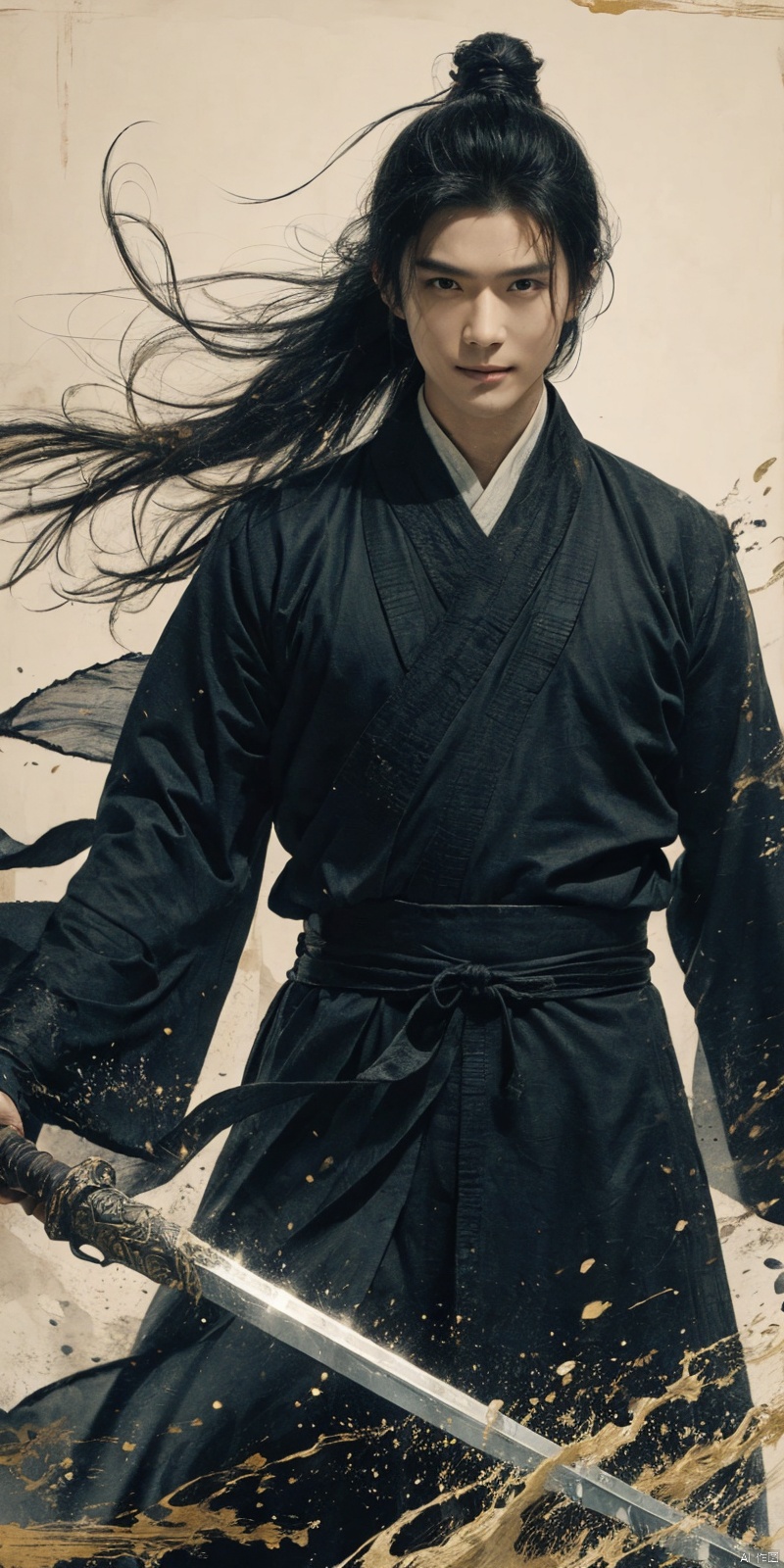 best quality, masterpiece, realistic,cowboy_shot,(Good structure), DSLR Quality,Depth of field,kind smile,looking_at_viewer,Dynamic pose, 
sdmai, wuxia, Chinese ink painting, artistic ink painting, Chinese martial arts films, wearing black robes, fighting posture, cinematic grandeur, splashing details, wild and powerful, solo, weapon, black hair, sword, long hair, male focus, looking at viewer, (1boy), scar, asuo,  