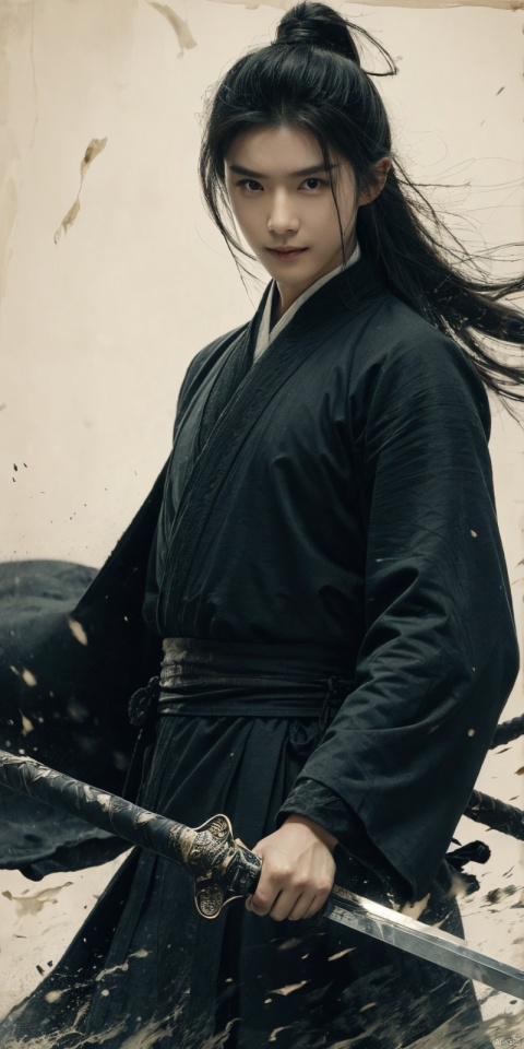  best quality, masterpiece, cowboy_shot,(Good structure), DSLR Quality,Depth of field,kind smile,looking_at_viewer,Dynamic pose, 
sdmai, wuxia, Chinese ink painting, artistic ink painting, Chinese martial arts films, wearing black robes, fighting posture, cinematic grandeur, splashing details, wild and powerful, solo, weapon, black hair, sword, long hair, male focus, looking at viewer, 1boy, scar, asuo, ((poakl)), 1girl