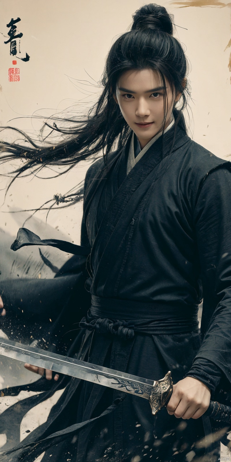  best quality, masterpiece, cowboy_shot,(Good structure), DSLR Quality,Depth of field,kind smile,looking_at_viewer,Dynamic pose, 
sdmai, wuxia, Chinese ink painting, artistic ink painting, Chinese martial arts films, wearing black robes, fighting posture, cinematic grandeur, splashing details, wild and powerful, solo, weapon, black hair, sword, long hair, male focus, looking at viewer, 1boy, scar, asuo, ((poakl)), 1girl