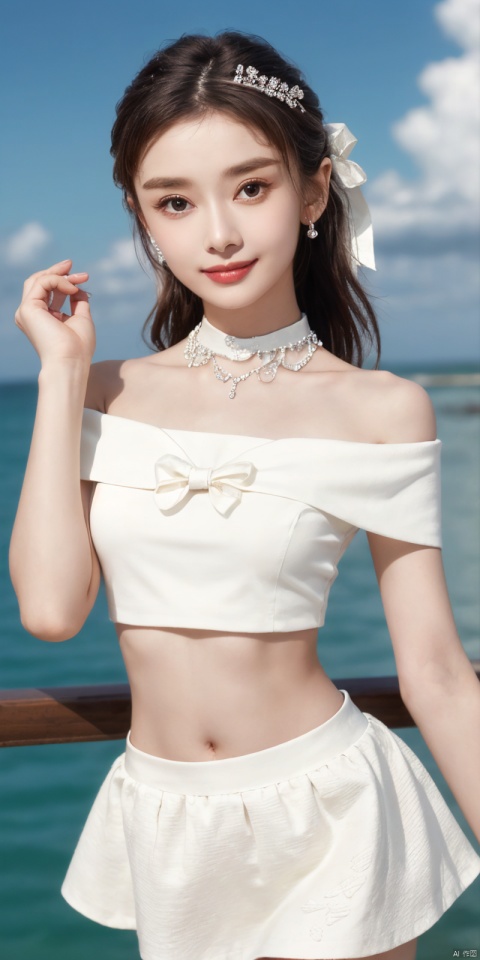  best quality, masterpiece, cowboy_shot,(Good structure), DSLR Quality,Depth of field,kind smile,looking_at_viewer,Dynamic pose, 
,Short skirt,Blue sky, white clouds, ocean, nai3, 1girl, solo, crop top, , choker, navel, shirt, midriff, crop top overhang, looking at viewer, white shirt, jewelry, breasts, bare shoulders, off-shoulder shirt, off shoulder, black choker, thighs, stomach, long hair, bracelet, short sleeves, ribbon, hand up, collarbone, hair ribbon, medium breasts, , bra strap, , hair ornament, thigh gap, necklace, expressionless, ,, ,, , , heben