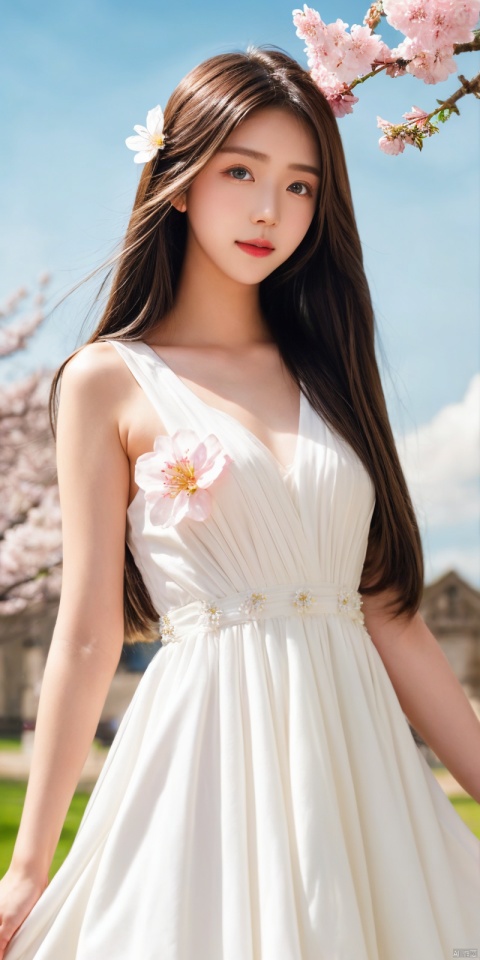  best quality, masterpiece, realistic,cowboy_shot,(Good structure), DSLR Quality,Depth of field,,looking_at_viewer,Dynamic pose, 
1girl, solo, long hair, breasts, looking at viewer, blush, , , hair ornament, gloves, dress, hair between eyes,  very long hair, standing, , flower,, , outdoors,  sky, day, pointy ears,, cloud, hair flower, white dress, armor, two-tone hair, blue sky, petals, , cherry blossoms, pink flower,  , , youna