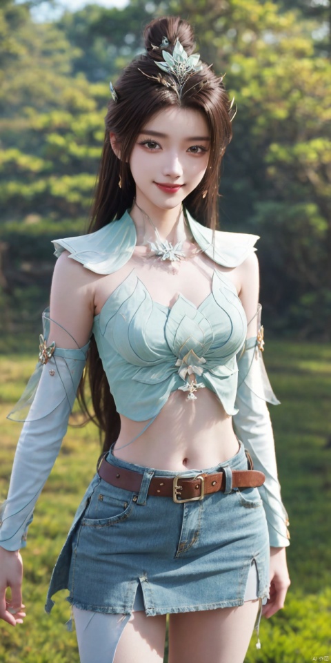  best quality, masterpiece, cowboy_shot,(Good structure), DSLR Quality,Depth of field,kind smile,looking_at_viewer,Dynamic pose,
 1girl, 3d, bare_shoulders, belt, blurry, blurry_background, blurry_foreground, branch, , , , collarbone, cosplay_photo, denim, denim_skirt, depth_of_field, , lips, long_hair, looking_at_viewer, midriff, miniskirt, motion_blur, navel, outdoors, photo_\(medium\), realistic, skirt, solo, standing, tree, ,  , , , , yanruyu
