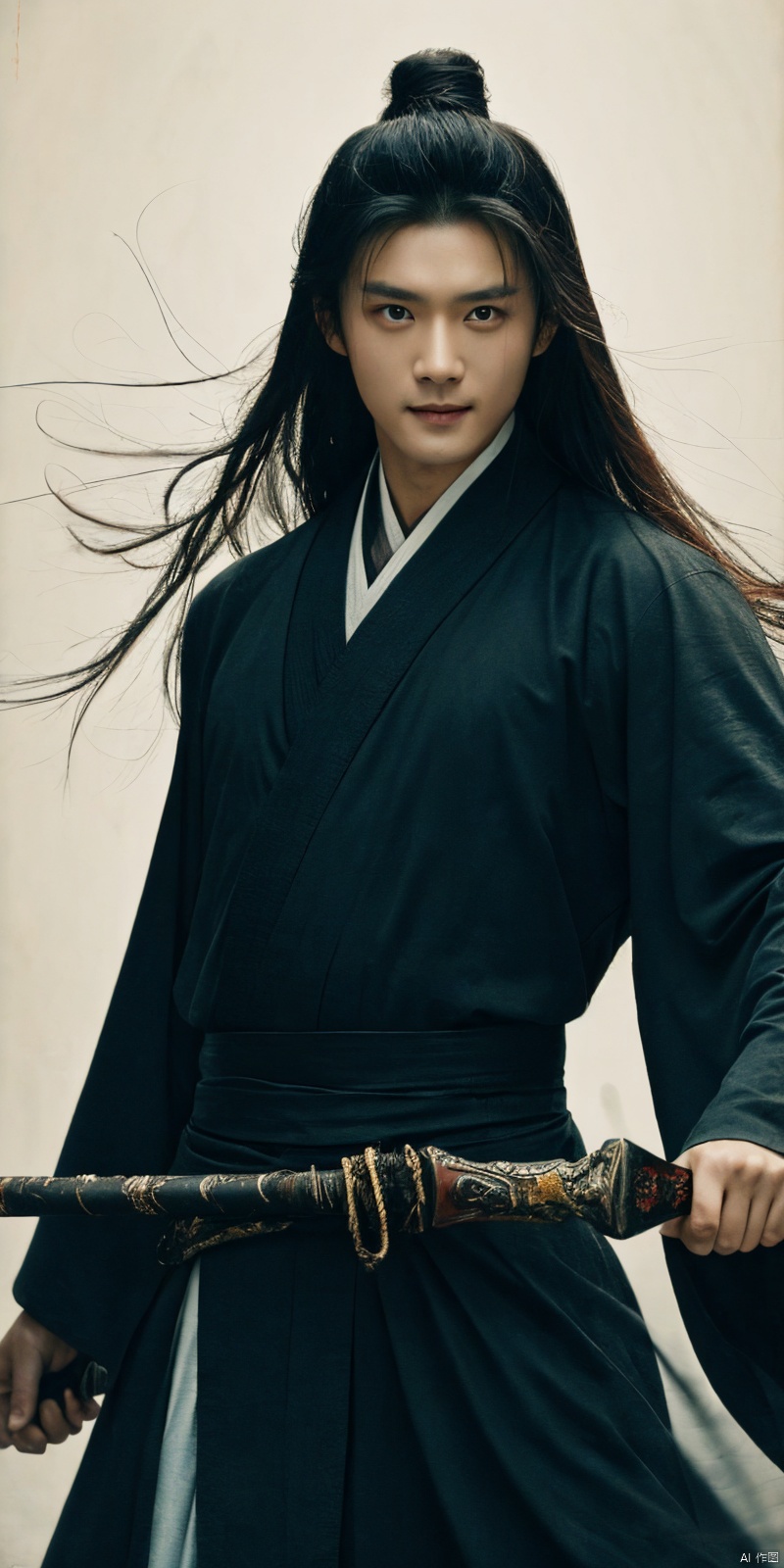  best quality, masterpiece, cowboy_shot,(Good structure), DSLR Quality,Depth of field,kind smile,looking_at_viewer,Dynamic pose, 
sdmai, wuxia, Chinese ink painting, artistic ink painting, Chinese martial arts films, wearing black robes, fighting posture, cinematic grandeur, splashing details, wild and powerful, solo, weapon, black hair, sword, long hair, male focus, looking at viewer, 1boy, scar, asuo, ((poakl)), 1girl