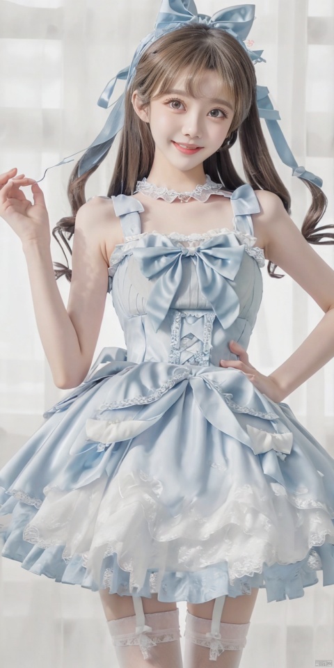  (Good structure), DSLR Quality,(wariza),,Girl, bare shoulders, blue hair, boobs, bow tie, brown eyes, cat ears, collar, ((Lolita Dress: 1.4)) , blue and white Lolita dress, wrinkled leg outfit, hand-held, lips, nose, shoulders, , alone, two-tailed, kind smile, looking at the audience, white leg costume, wrist cuffs, 1girl,,looking_at_viewer, , lolidress, ,, wangyushan,dress