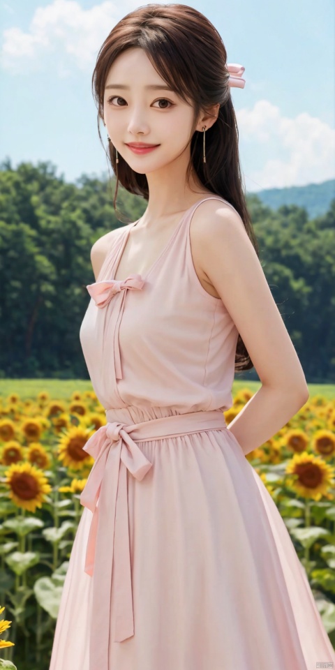  best quality, masterpiece, realistic ,(Good structure), DSLR Quality,Depth of field,kind smile,looking_at_viewer,Dynamic pose, 
1girl, solo, long hair, breasts, looking at viewer, blush,  bangs,, black hair,  , dress, bow, ribbon, bare shoulders, jewelry, medium breasts,  standing, collarbone, flower,  multicolored hair, earrings, outdoors, sky, , sleeveless, day, cloud, white dress, blue sky, bare arms, sleeveless dress, arms behind back, pink bow,   , sunflower, sundress, summer, ,,lichun