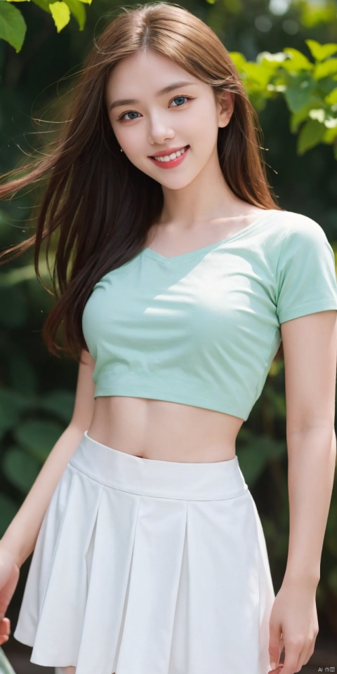  best quality, masterpiece, realistic,cowboy_shot,(Good structure), DSLR Quality,Depth of field,kind smile,looking_at_viewer,Dynamic pose, 
1girl, solo, long hair, looking at viewer,  skirt, flower,, crop top, white skirt, plant, green shirt, tube top, ,  ,blue eyes, heiguafu