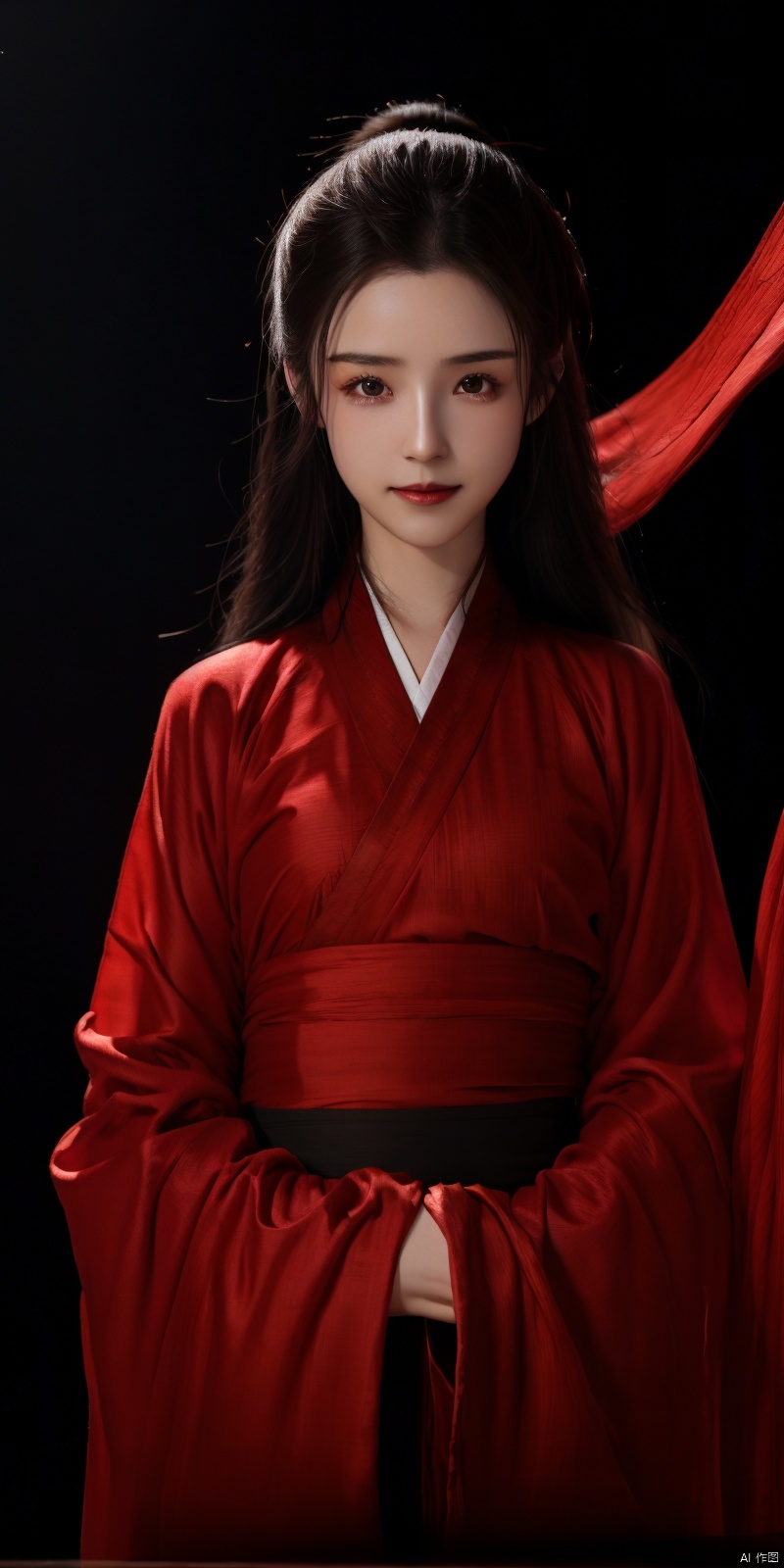  cowboy_shot, (Good structure), DSLR Quality,Depth of field ,looking_at_viewer,Dynamic pose, , kind smile,,
High detailed, masterpiece, A girl,  , solo, female focus：1.35, Tears in the eyes, [Shed tears], widow's peak, Long hair drifting away：1.5, Red, Hanfu|kimono）, /, Suspended red silk：1.35, BREAK, fine gloss,  , Oil painting texture, (Black Background: 1.3), bow-shaped hair,  , ray tracing, reflection light, anaglyph, motion blur, cinematic lighting, motion lines, Depth of field, ray tracing, sparkle, vignetting, UHD, 8K, best quality, textured skin, 1080P, ccurate, 1girl, hanikezi