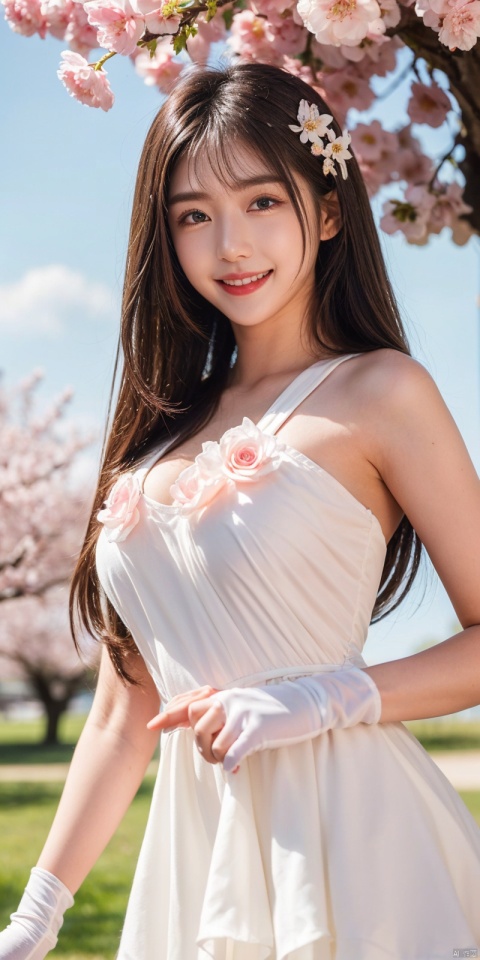  best quality, masterpiece, realistic,cowboy_shot,(Good structure), DSLR Quality,Depth of field,kind smile,looking_at_viewer,Dynamic pose, 
1girl, solo, long hair, breasts, looking at viewer, blush, , , hair ornament, gloves, dress, hair between eyes,  very long hair, standing, , flower,, , outdoors,  sky, day, pointy ears,, cloud, hair flower, white dress, armor, two-tone hair, blue sky, petals, , cherry blossoms, pink flower,  , , youna