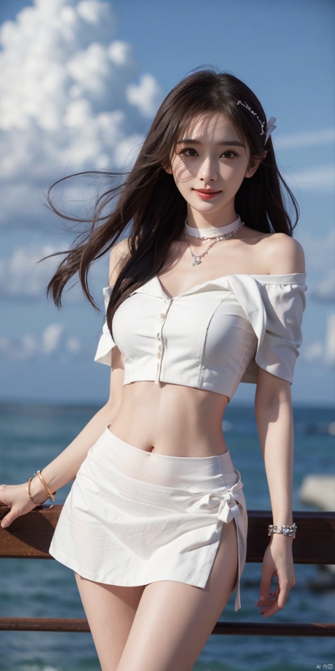 (Good structure), DSLR Quality,Depth of field ,looking_at_viewer,Dynamic pose, , kind smile,
,Short skirt,Blue sky, white clouds, ocean, nai3, 1girl, solo, crop top, , choker, navel, shirt, midriff, crop top overhang, looking at viewer, white shirt, jewelry, breasts, bare shoulders, off-shoulder shirt, off shoulder, black choker, thighs, stomach, long hair, bracelet, short sleeves, ribbon, hand up, collarbone, hair ribbon, medium breasts, , bra strap, , hair ornament, thigh gap, necklace, expressionless, , ,, , mimi, linzhiling