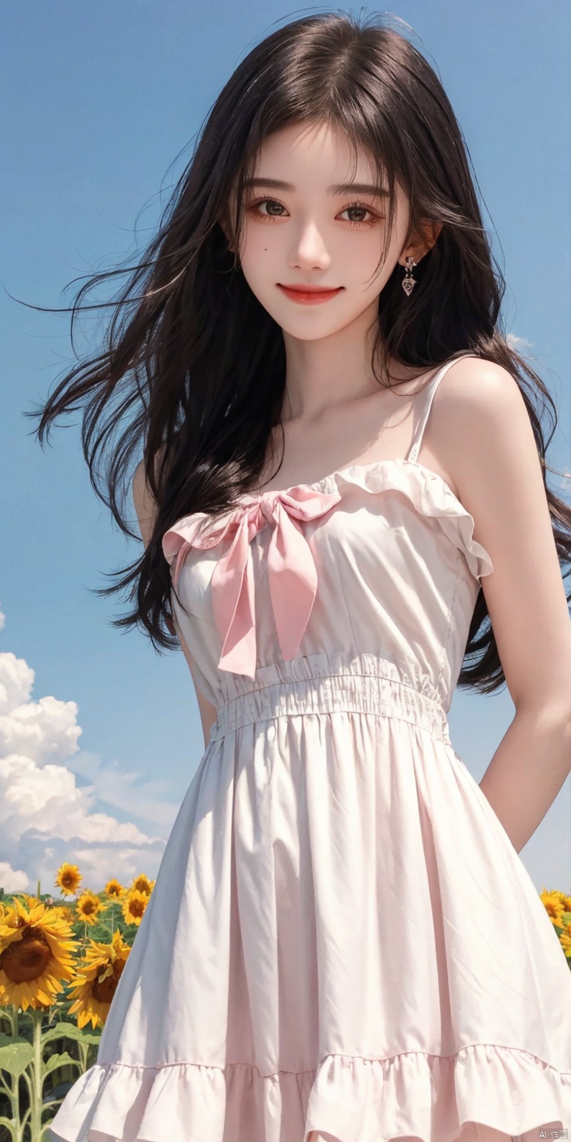  best quality, masterpiece, realistic ,(Good structure), DSLR Quality,Depth of field,kind smile,looking_at_viewer,Dynamic pose, 
1girl, solo, long hair, breasts, looking at viewer, blush,  bangs,, black hair,  , dress, bow, ribbon, bare shoulders, jewelry, medium breasts,  standing, collarbone, flower,  multicolored hair, earrings, outdoors, sky, , sleeveless, day, cloud, white dress, blue sky, bare arms, sleeveless dress, arms behind back, pink bow,   , sunflower, sundress, summer, ,  jujingyi
