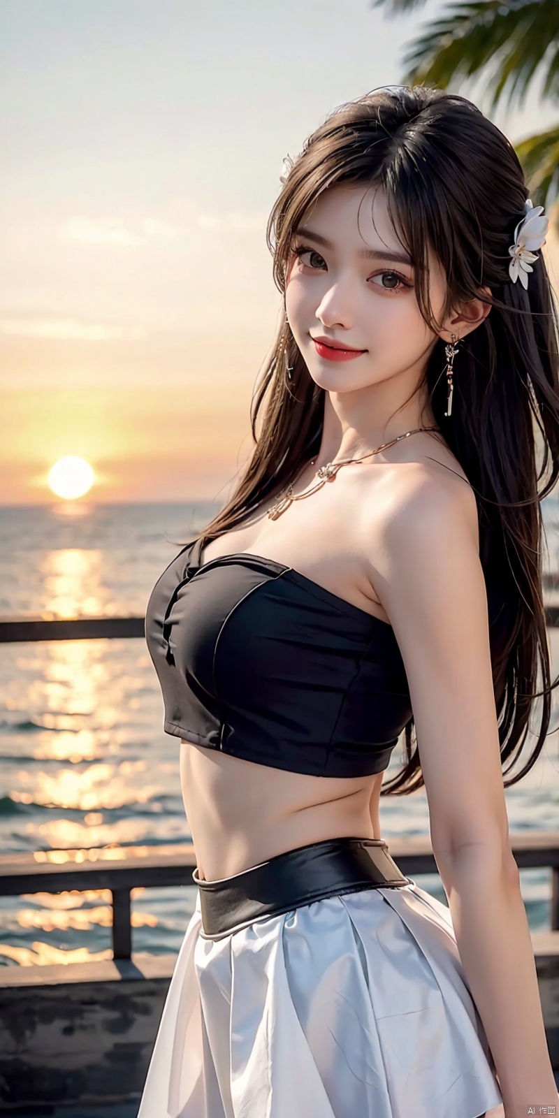  (Good structure),cowboy_shot, DSLR Quality,Depth of field ,looking_at_viewer,Dynamic pose, , kind smile,,
1girl, solo, long hair,  , looking at viewer, skirt, hair ornament, bare shoulders, jewelry,  , black hair, earrings, outdoors, midriff, water, necklace, lips, crop top, grey eyes, leaning forward, ocean, white skirt, strapless vest, sunset, sun, qingyi, 