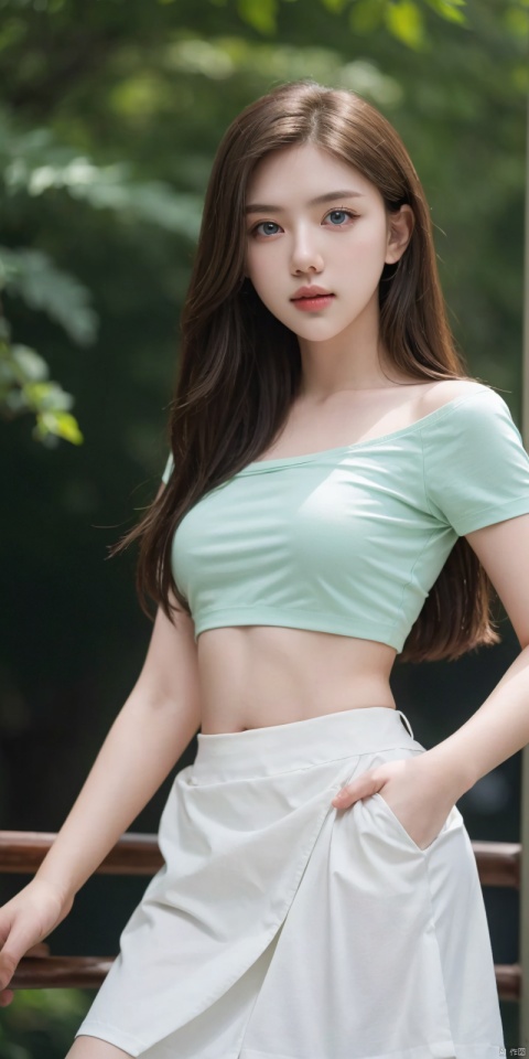  best quality, masterpiece, realistic,cowboy_shot,(Good structure), DSLR Quality,Depth of field ,looking_at_viewer,Dynamic pose, 
1girl, solo, long hair, looking at viewer,  skirt, flower,, crop top, white skirt, plant, green shirt, tube top, ,  ,blue eyes, heiguafu