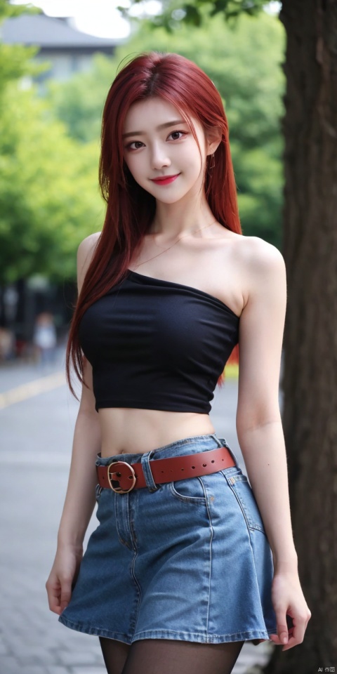  best quality, masterpiece, cowboy_shot,(Good structure), DSLR Quality,Depth of field,kind smile,looking_at_viewer,Dynamic pose,
 1girl, 3d, bare_shoulders, belt, blurry, blurry_background, blurry_foreground, branch, , , , collarbone, cosplay_photo, denim, denim_skirt, depth_of_field, , lips, long_hair, looking_at_viewer, midriff, miniskirt, motion_blur, navel, outdoors, photo_\(medium\), realistic, skirt, solo, standing, tree, , , , , , red_hair, , yefei, blackpantyhose