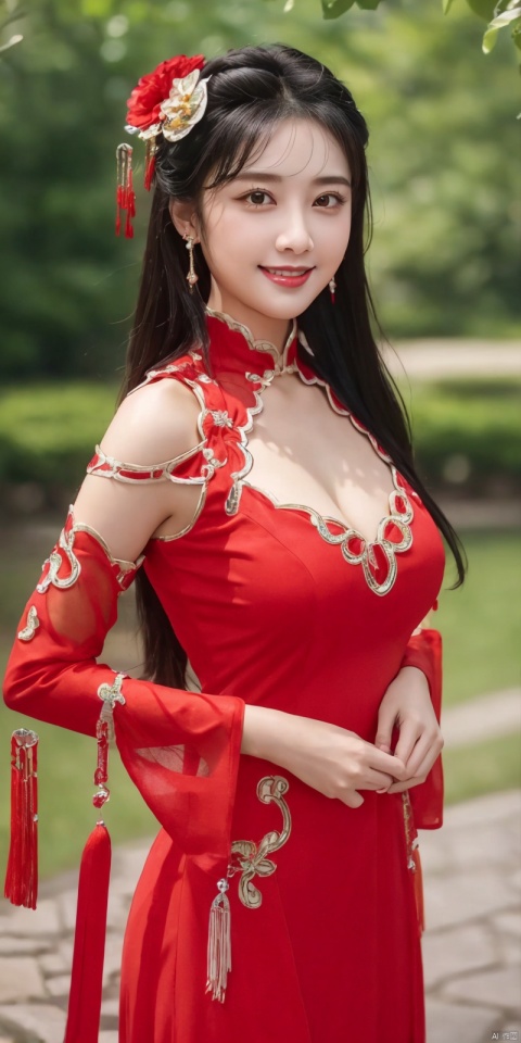 best quality, masterpiece, realistic,cowboy_shot,(Good structure), DSLR Quality,Depth of field,kind smile,looking_at_viewer,Dynamic pose, 
1girl, solo, breasts, looking at viewer, smile, large breasts, black hair, hair ornament, dress, cleavage, bare shoulders, jewelry, flower, earrings, outdoors, detached sleeves, hair flower, water, clothing cutout, chinese clothes, red dress, cleavage cutout, china dress, zhulin