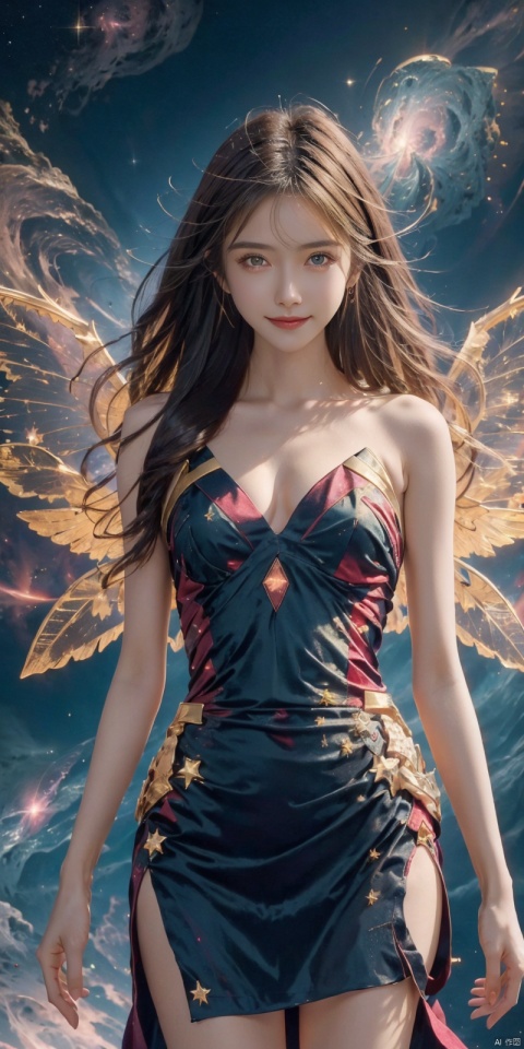  best quality, masterpiece, cowboy_shot,(Good structure), DSLR Quality,Depth of field,kind smile,looking_at_viewer,Dynamic pose, 
, 1girl, wings, solo, nebula wings, , long hair, navel, dress, pink wings, looking at viewer, star \(sky\), , , bare shoulders, sky, starry sky, collarbone, realistic, nebula,,, , xuancaiqun, , , wangyushan