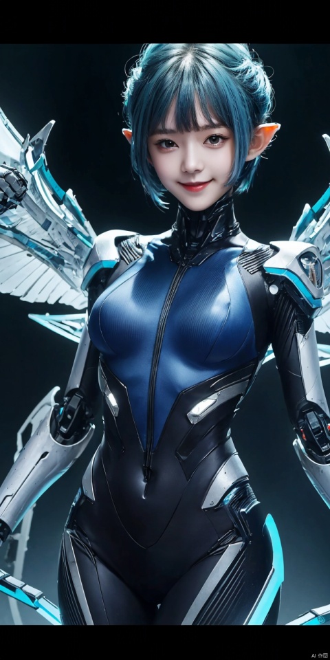 best quality, masterpiece, realistic,cowboy_shot,(Good structure), DSLR Quality,Depth of field,kind smile,looking_at_viewer,Dynamic pose, 
1girl, solo, , breasts, looking at viewer, bangs,  , wings, pointy ears,, lips,, bodysuit, science fiction, mecha musume, joints, robot joints, mechanical wings,
 , babata,blue_hair,short_hair