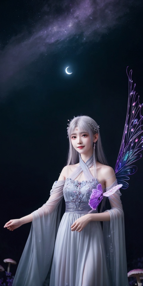  best quality, masterpiece, realistic,cowboy_shot,(Good structure), DSLR Quality,Depth of field,kind smile,looking_at_viewer,Dynamic pose, , professional camera, 8k photos, wallpaper 1 girl, solo,purple hair,ethereal fairy, floating on clouds, sparkling gown with iridescent butterfly wings, holding a magic wand, surrounded by dancing fireflies, twilight sky, full moon, mystical forest in the background, glowing mushrooms, enchanted flowers, softly illuminated by bioluminescence, serene expression, delicate features with pointed ears, flowing silver hair adorned with tiny stars, gentle breeze causing her dress and hair to flow ethereally, dreamlike atmosphere, surreal color palette, high dynamic range lighting, intricate details, otherworldly aesthetic.
, hand, xiaoyixian,white_hair