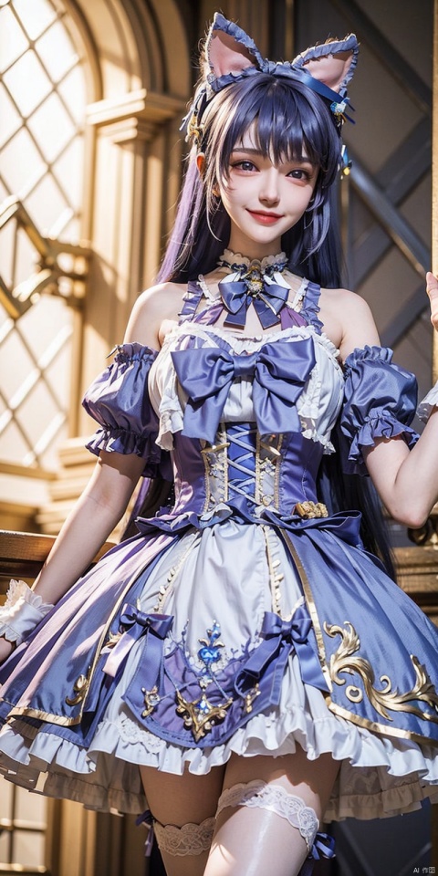best quality, masterpiece, realistic,cowboy_shot,(Good structure), DSLR Quality,Depth of field,kind smile,looking_at_viewer,Dynamic pose, 
(wariza),,Girl, bare shoulders, blue hair, boobs, bow tie, brown eyes, cat ears, collar, ((Lolita Dress: 1.4)) , blue and white Lolita dress, wrinkled leg outfit, hand-held, lips, nose, shoulders, , alone, long_hair, kind smile, looking at the audience, white leg costume, wrist cuffs, 1girl,,looking_at_viewer, , lolidress, ,, ,purple hair, shengcaier