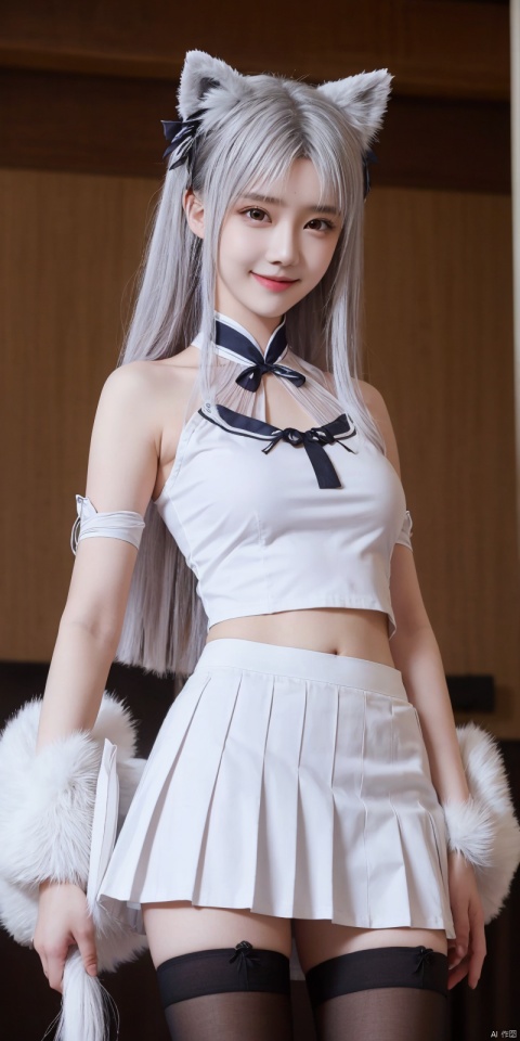 best quality, masterpiece, realistic,cowboy_shot,(Good structure), DSLR Quality,Depth of field,kind smile,looking_at_viewer,Dynamic pose, 
1girl, solo, breasts, looking at viewer, blush,   skirt,  shirt, thighhighs, navel, holding, animal ears, bare shoulders, underwear, standing, panties, tail, , white shirt, thighs,, pleated skirt, , sleeveless, midriff, black thighhighs, indoors, miniskirt, stomach, white panties, crop top, animal ear fluff, bare arms, fox ears, sleeveless shirt, fox tail, halo, pantyshot, white skirt, fox girl, brown thighhighs, cheerleader, pom pom \(cheerleading\), crop top overhang, holding pom poms,   , xiaoyixian,white_hair, blackpantyhose