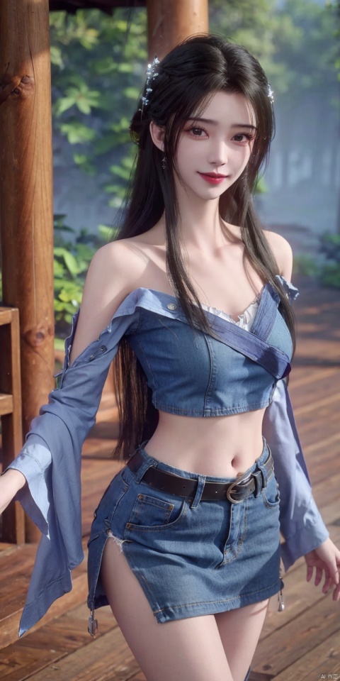  best quality, masterpiece, cowboy_shot,(Good structure), DSLR Quality,Depth of field,kind smile,looking_at_viewer,Dynamic pose,
 1girl, 3d, bare_shoulders, belt, blurry, blurry_background, blurry_foreground, branch, , , , collarbone, cosplay_photo, denim, denim_skirt, depth_of_field, , lips, long_hair, looking_at_viewer, midriff, miniskirt, motion_blur, navel, outdoors, photo_\(medium\), realistic, skirt, solo, standing, tree, , , , limuwan, blackpantyhose