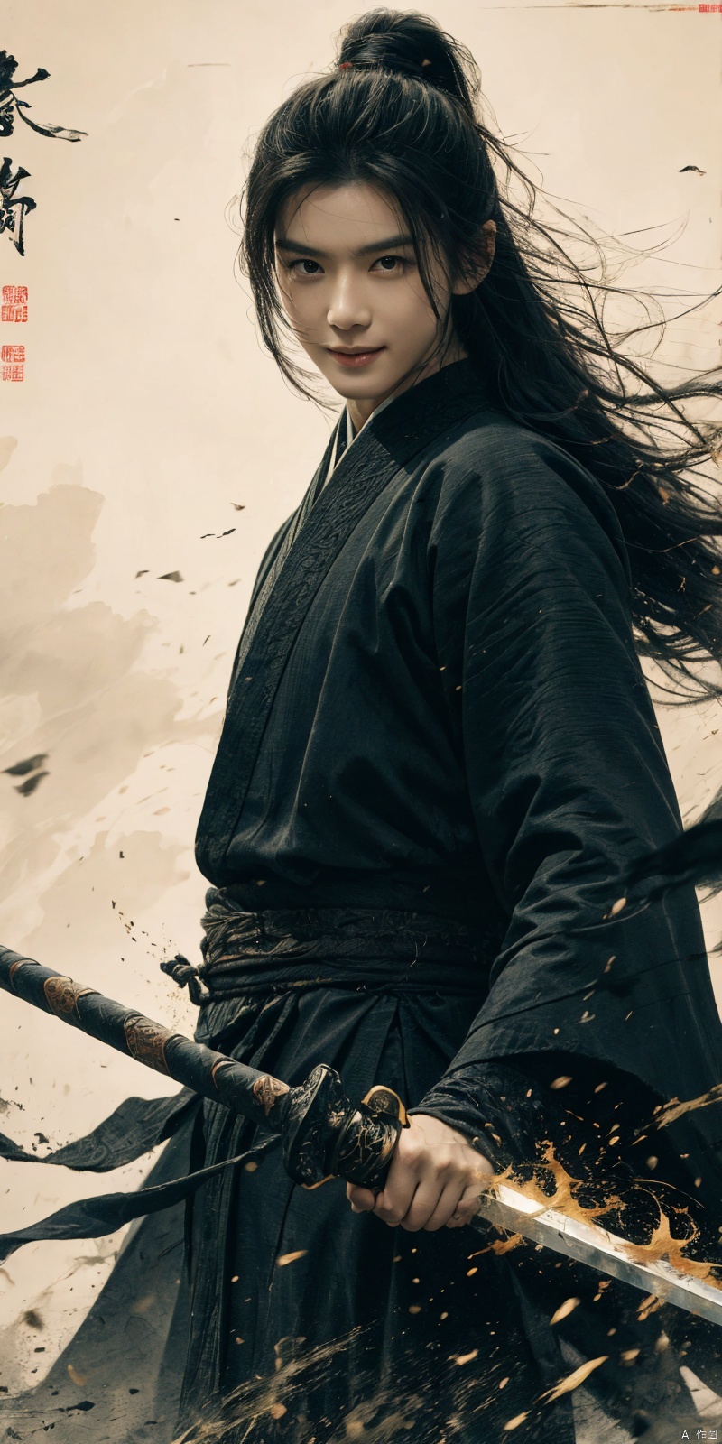 best quality, masterpiece, realistic,cowboy_shot,(Good structure), DSLR Quality,Depth of field,kind smile,looking_at_viewer,Dynamic pose, 
sdmai, wuxia, Chinese ink painting, artistic ink painting, Chinese martial arts films, wearing black robes, fighting posture, cinematic grandeur, splashing details, wild and powerful, solo, weapon, black hair, sword, long hair, male focus, looking at viewer, (1boy), scar, asuo,  