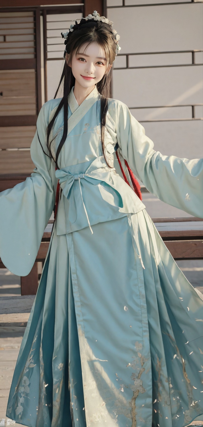 best quality, masterpiece, realistic,,(Good structure), DSLR Quality,Depth of field,kind smile,looking_at_viewer,Dynamic pose, 
1girl,lianmo,dress,hanfu,chinese clothes, 